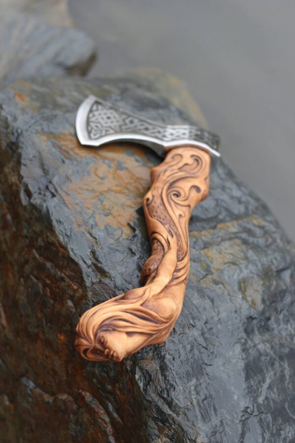 AXE, Custom Made Carbon Steel VIKING AXE, Carved Rose Wood