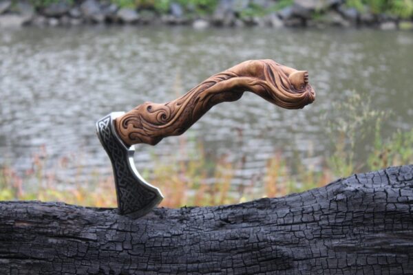 AXE, Custom Made Carbon Steel VIKING AXE, Carved Rose Wood 01 (2)
