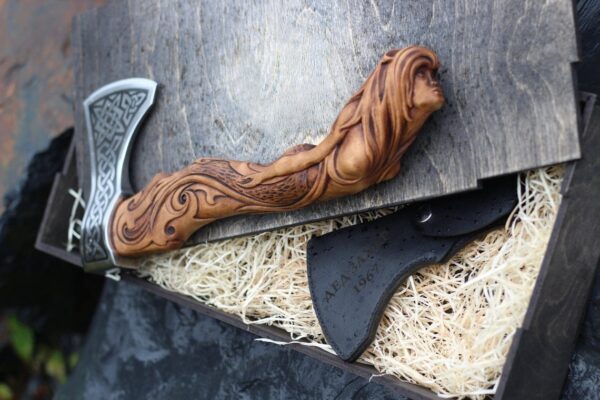 AXE, Custom Made Carbon Steel VIKING AXE, Carved Rose Wood